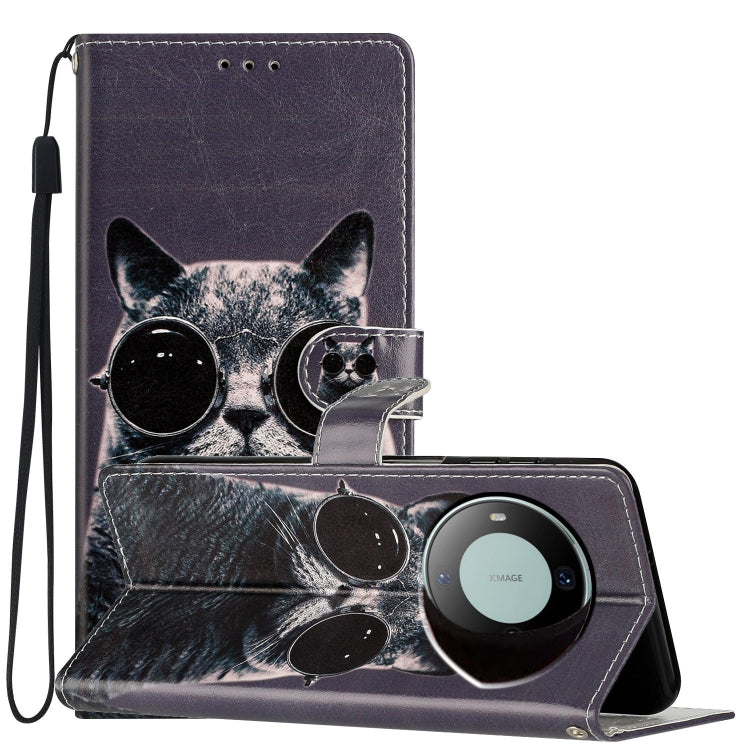 Colored Drawing Leather Phone Case for Huawei Mate 60 featuring a cute sunglasses cat design, made from durable PU and TPU materials.